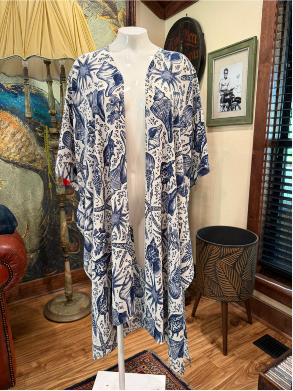 NWT Attitudes by Renee Kimono Duster Cardigan L Shell Seashell Blue White Coasta - Picture 3 of 8